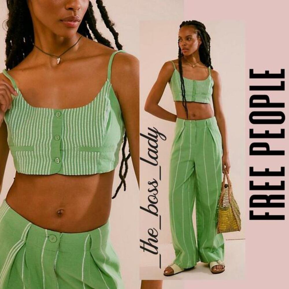 Free People Light Green Pinstripe Straight-Leg Pants